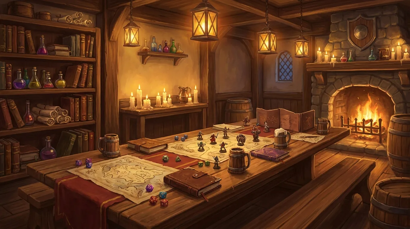 Interior cálido de la posada Forjadores de Leyendas en el Barrio de Analco, Puebla, ambientada para una sesión de Dungeons & Dragons