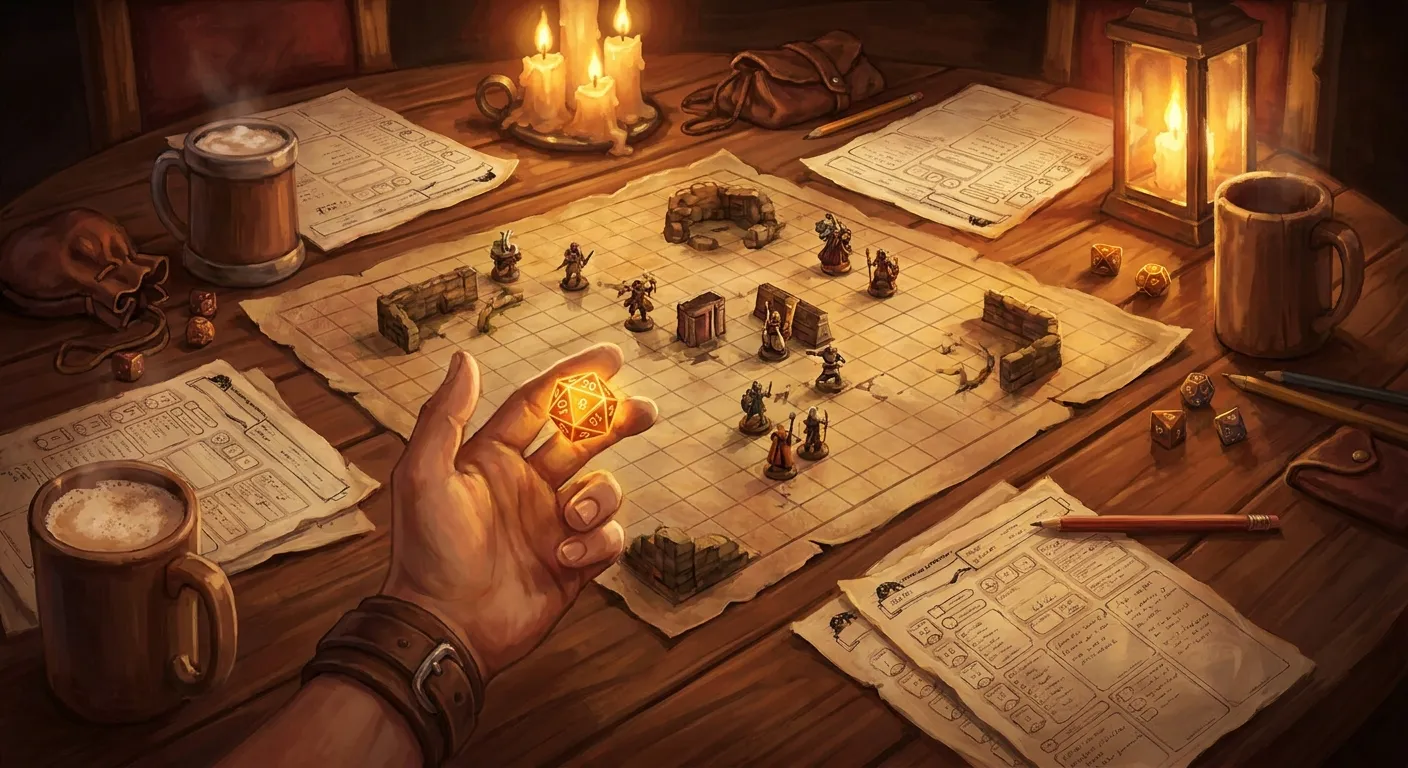 Mesa de juego con dados, miniaturas y hojas de personaje