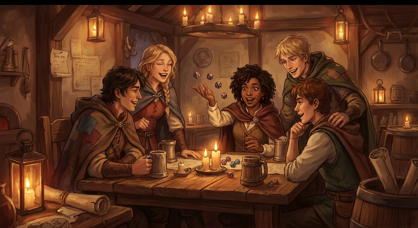 Grupo de nuevos jugadores aprendiendo a jugar rol por primera vez en la posada