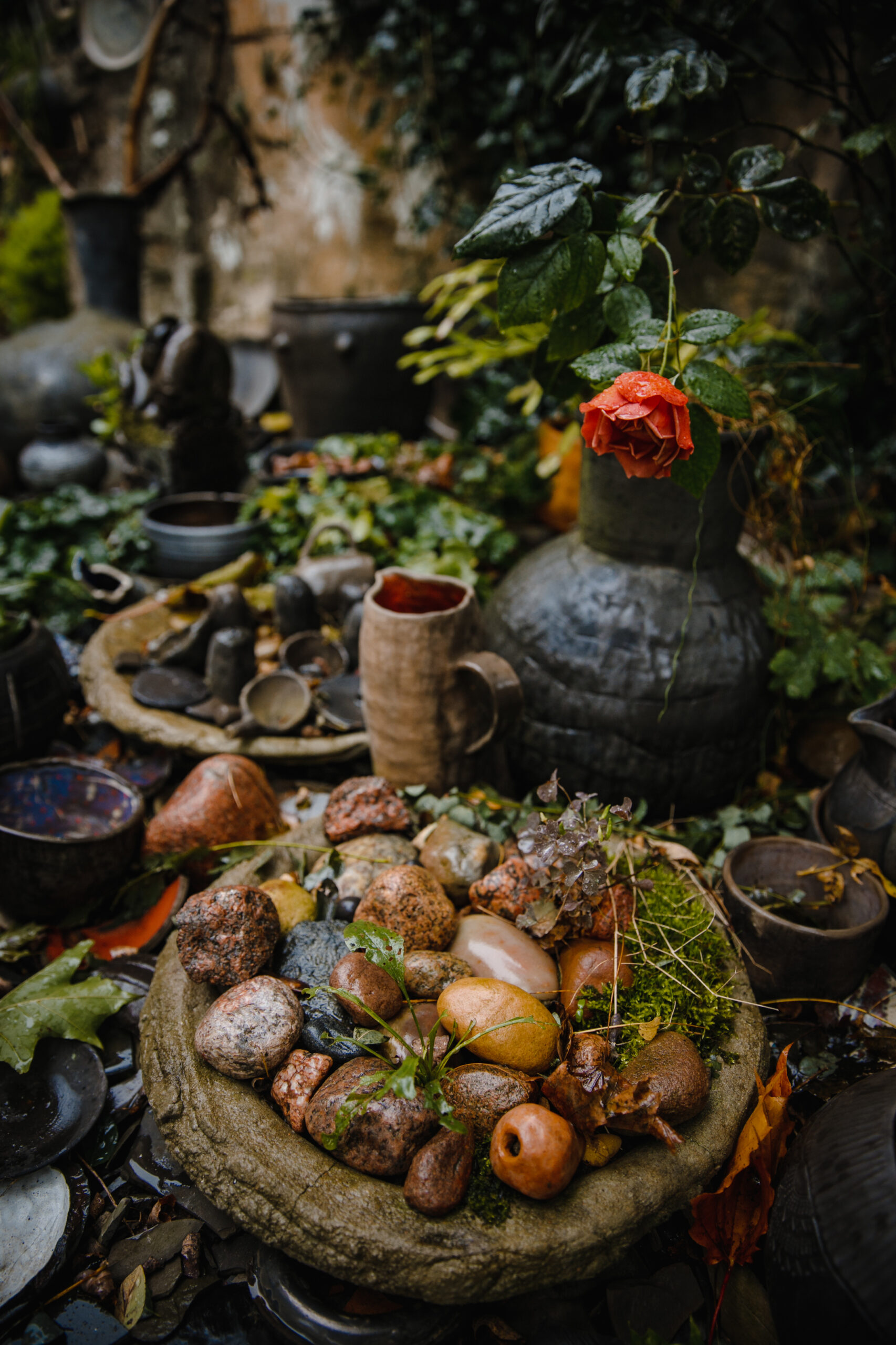 Vertical shot of a creative beautiful composition of a rural table with stone made dishes after rain A closeup vertical shot of a creative beautiful composition of a rural table with stone made dishes after rain